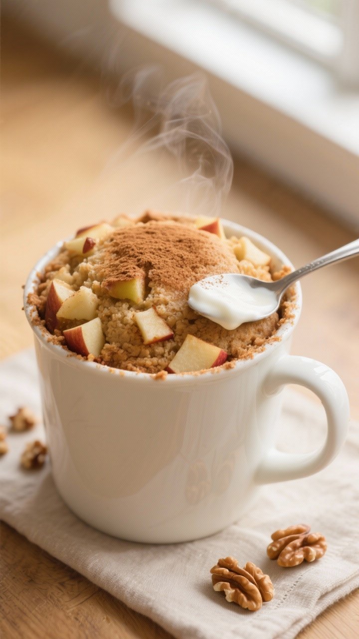 Close-up detail of a freshly cooked apple cinnamon mug cake in a large white ceramic mug, the domed 