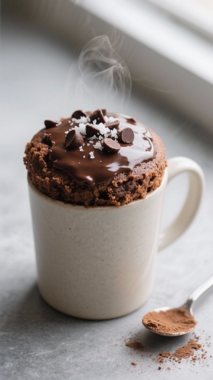 Close-up detail of a freshly microwaved healthy chocolate mug cake in a 12-ounce straight-sided cera
