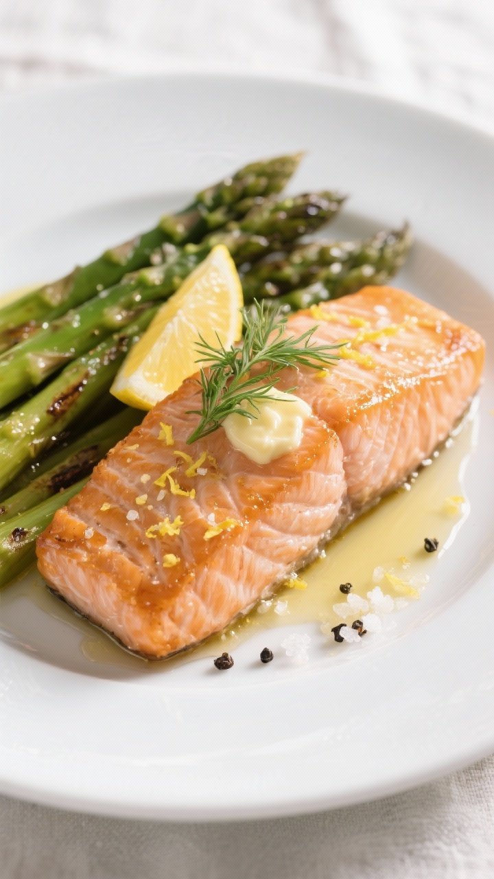 Close-up detail of a plated serving: a single salmon fillet flaking perfectly at 125–130°F donene