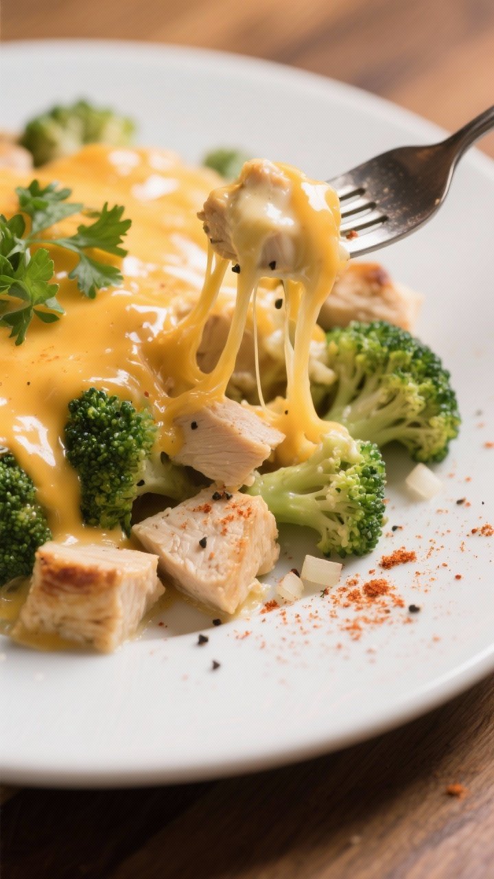 Close-up detail of a plated serving of the bake, showing juicy diced chicken and bright green brocco