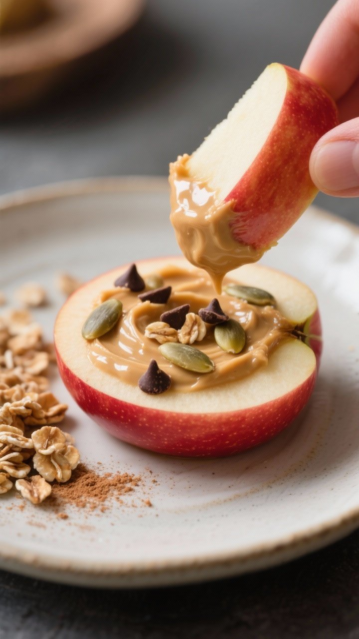 Close-up detail of a single apple snack pack in the moment of serving: apple slice being dipped into