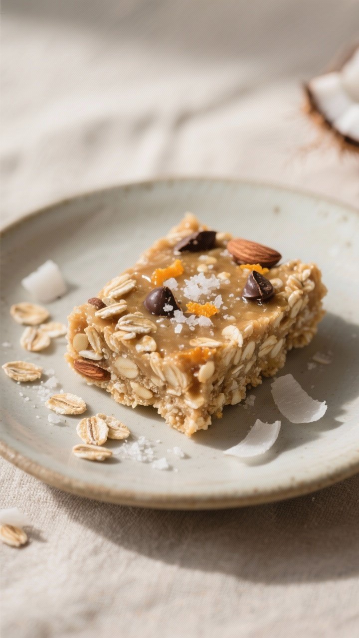 Close-up detail of a single Coconut Date Energy Square on a small ceramic plate, highlighting the so