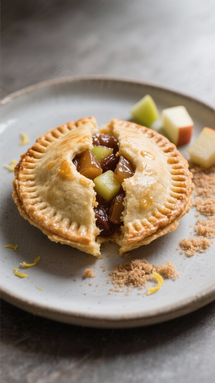 Close-up detail of a single hand pie on a matte ceramic plate, cut in half to showcase the thick, gl