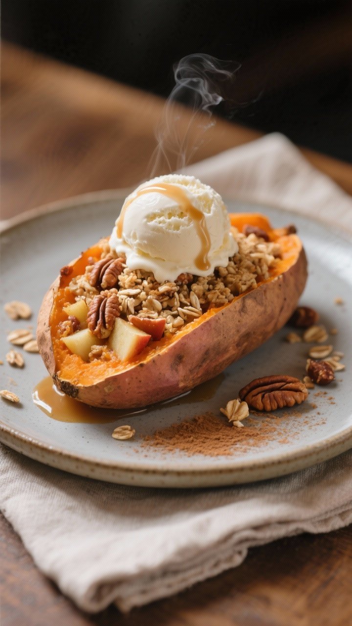 Close-up detail of a single plated Apple Crumble Stuffed Sweet Potato as a dessert: the potato nestl