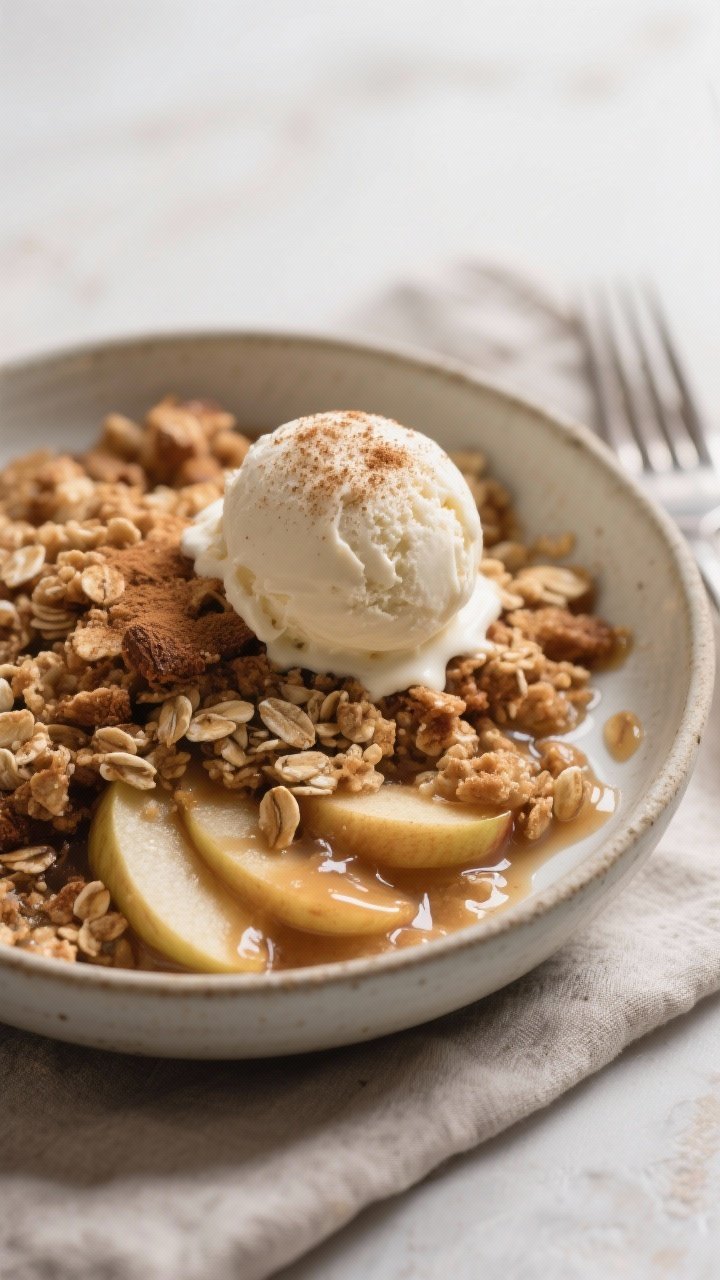 Close-up detail of a single warm serving of vegan apple crisp in a shallow ceramic bowl, topped with