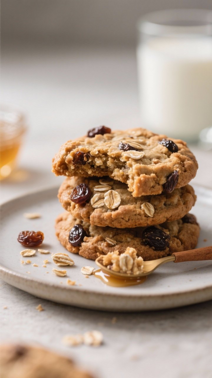 Close-up detail of a stack of chewy oatmeal raisin cookies on a matte ceramic plate, one cookie brok
