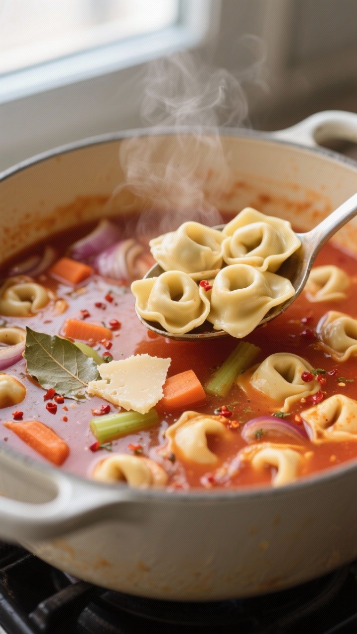 Close-up detail of cheese tortellini just cooked in a tomato-rich broth during the simmer stage, tor