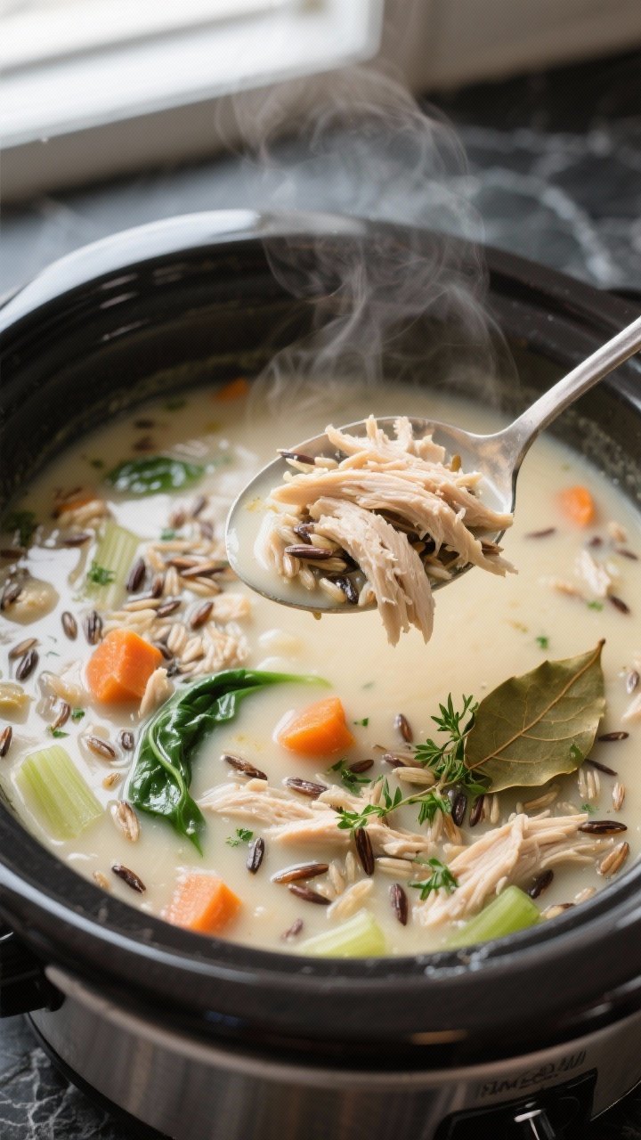 Close-up detail of creamy Slow Cooker Chicken Wild Rice Soup being stirred in the crockpot right aft