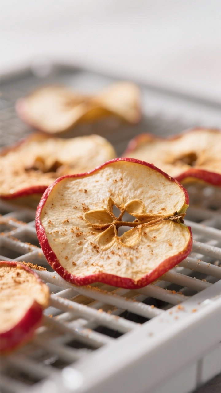 Close-up detail of finished dehydrated apple chips cooling on a dehydrator tray: ultra-crisp, wafer-