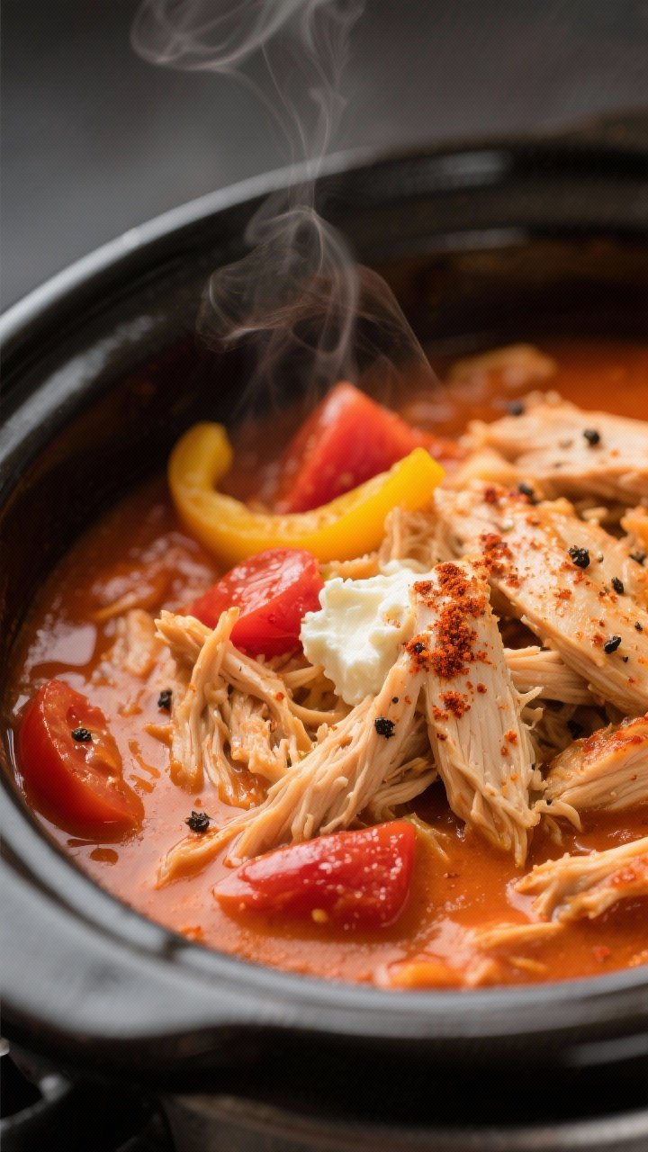 Close-up detail of shredded creamy Cajun chicken just returned to the slow cooker and stirred into a