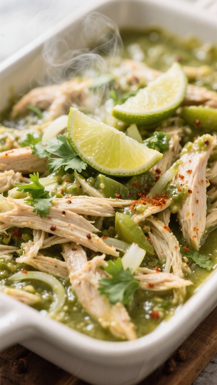 Close-up detail of shredded salsa verde chicken still in the baking dish, glistening in its tangy gr