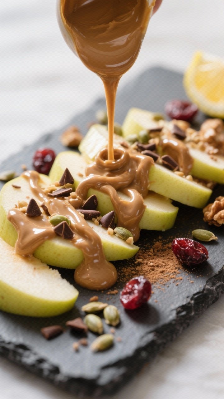 Close-up detail of the “drizzle and sprinkle” moment mid-assembly: apple slices already arranged