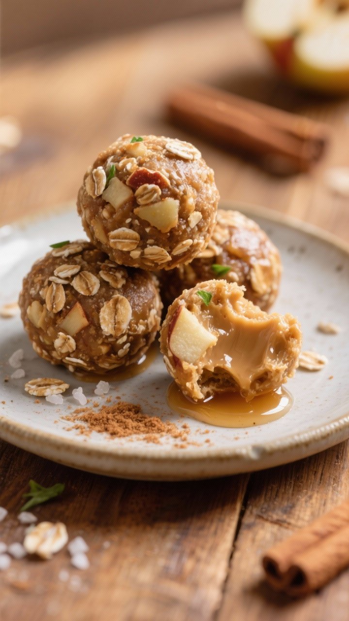Close-up detail of the final plated Apple Cinnamon Protein Balls for serving: a small ceramic plate 