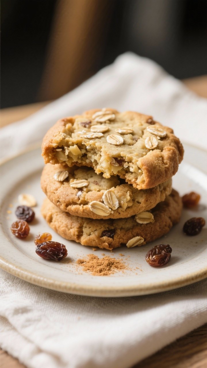 Close-up detail of the final plated cookies stacked on a small ceramic dessert plate, one cookie bro
