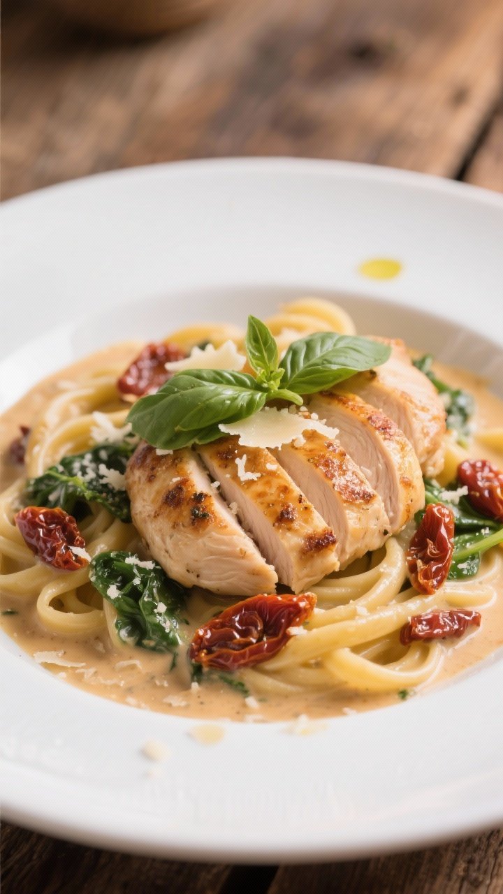 Close-up detail of the final plated dish: juicy seared-and-slow-cooked chicken breast sliced and fan