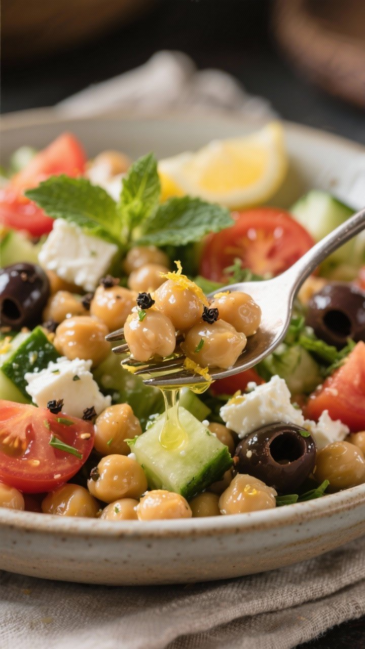 Close-up detail of the finished salad just after tossing with the dressing: chickpeas lightly coated