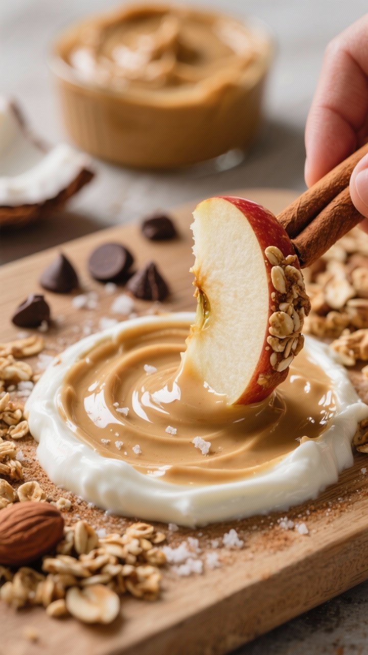 Close-up detail of the interactive bite-building moment on the board: a glossy apple slice dunked ha