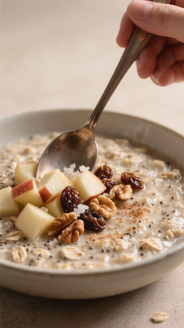 Close-up detail of the morning “finish and serve” step: a spoon stirring thick, spoonable overni