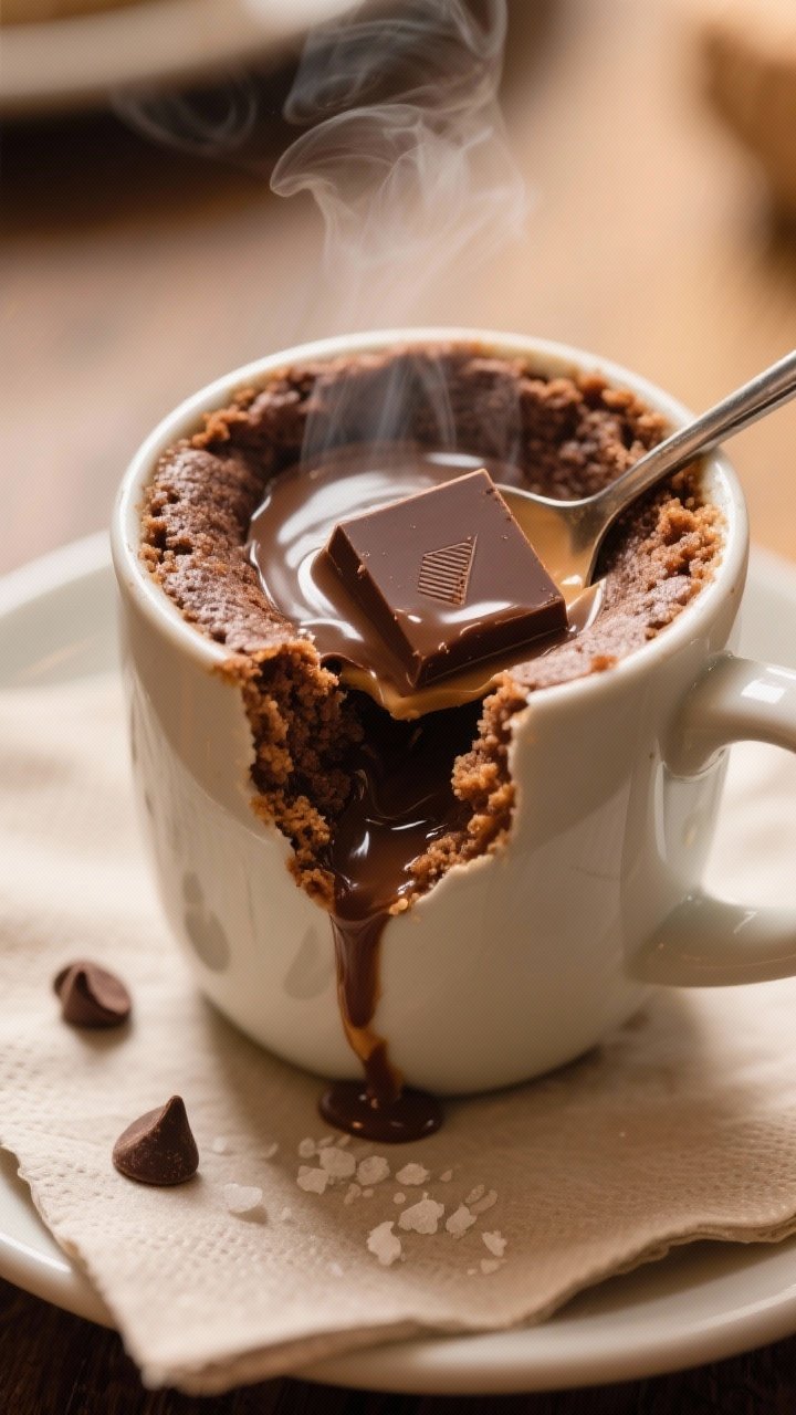 Close-up detail of the mug cake right after a spoon has broken into the center to reveal a gooey mol