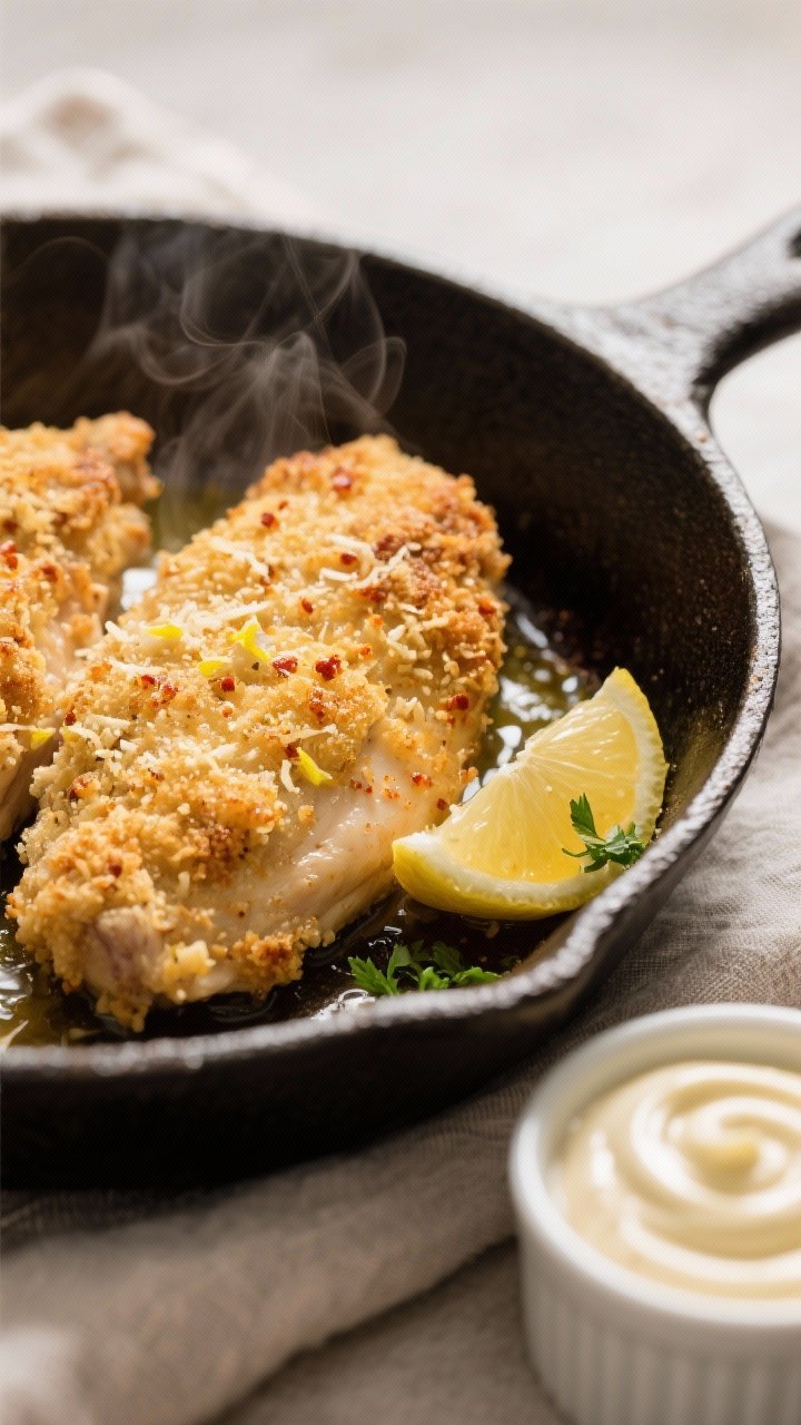 Close-up detail: Parmesan-crusted chicken just out of the oven in an oven-safe skillet, golden-brown