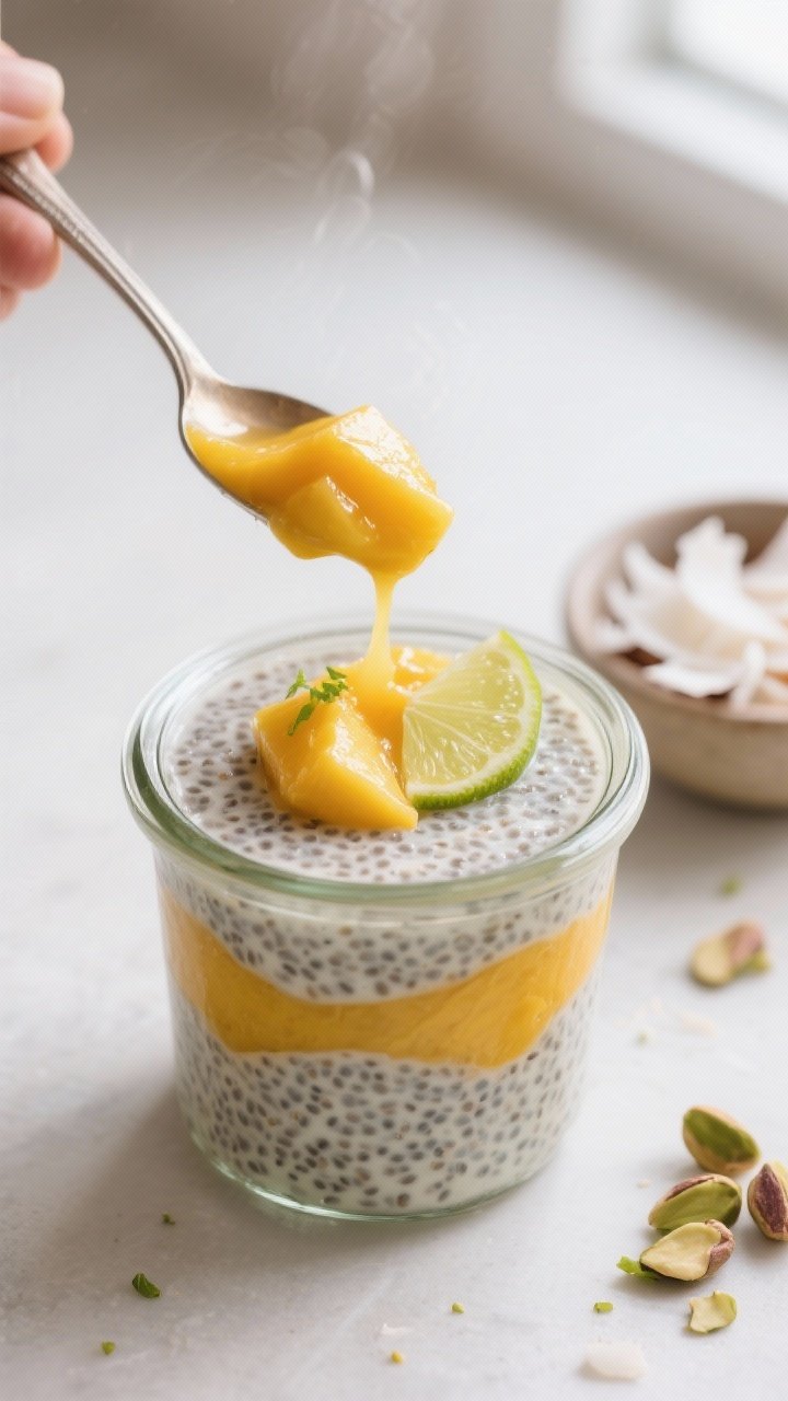 Close-up detail/process shot: A glass jar of thickened mango coconut chia pudding being layered, spo