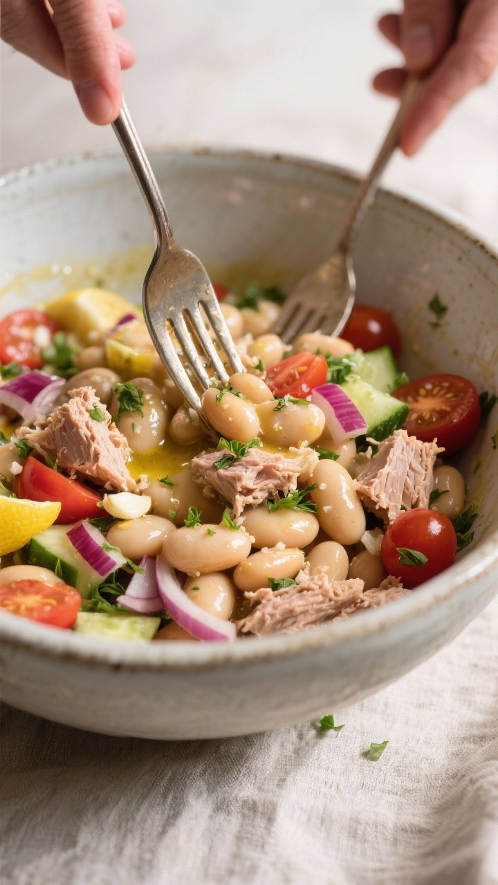 Close-up detail, process shot: A large ceramic mixing bowl with the finished lemon-Dijon dressing gl