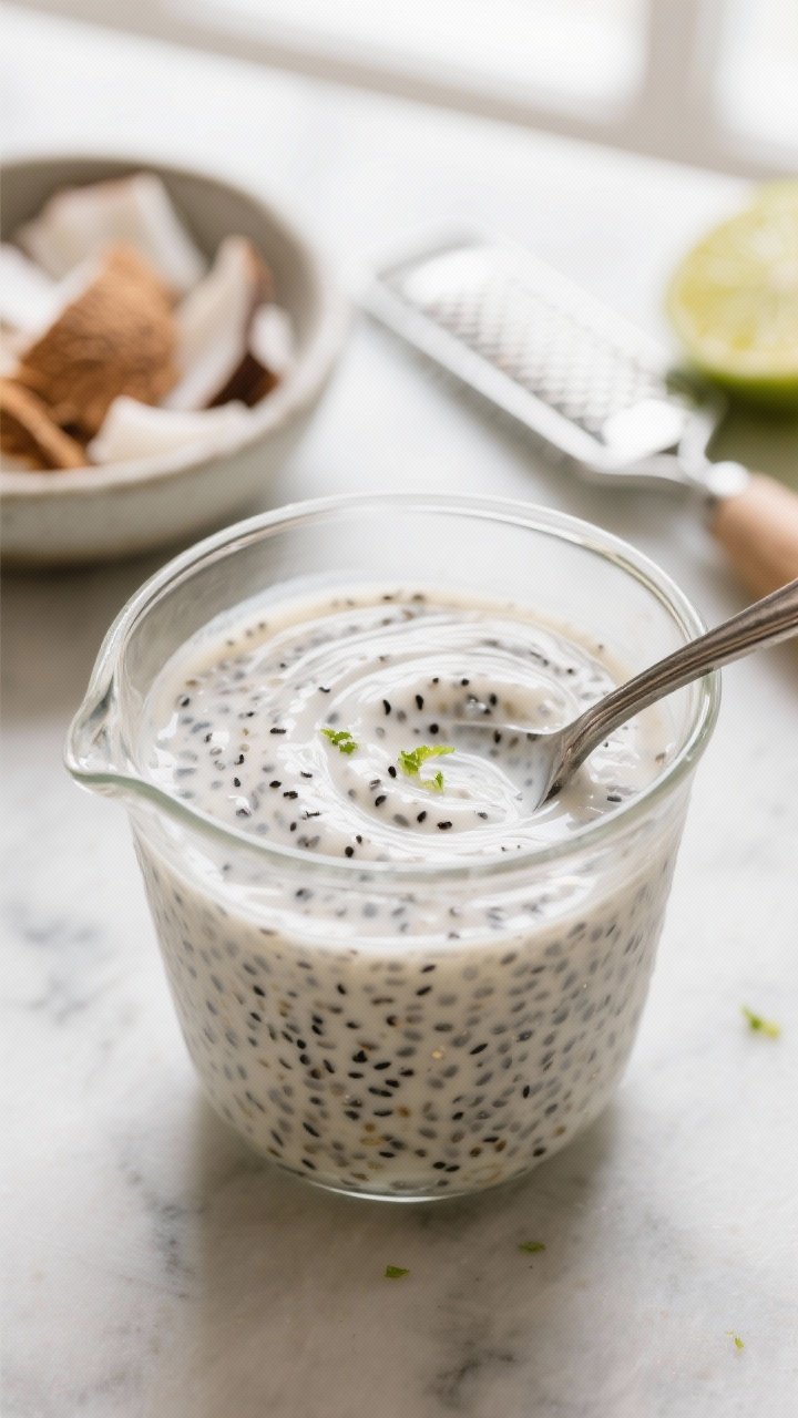 Close-up detail/process shot: Coconut chia pudding just after the second whisk, thickening in a clea