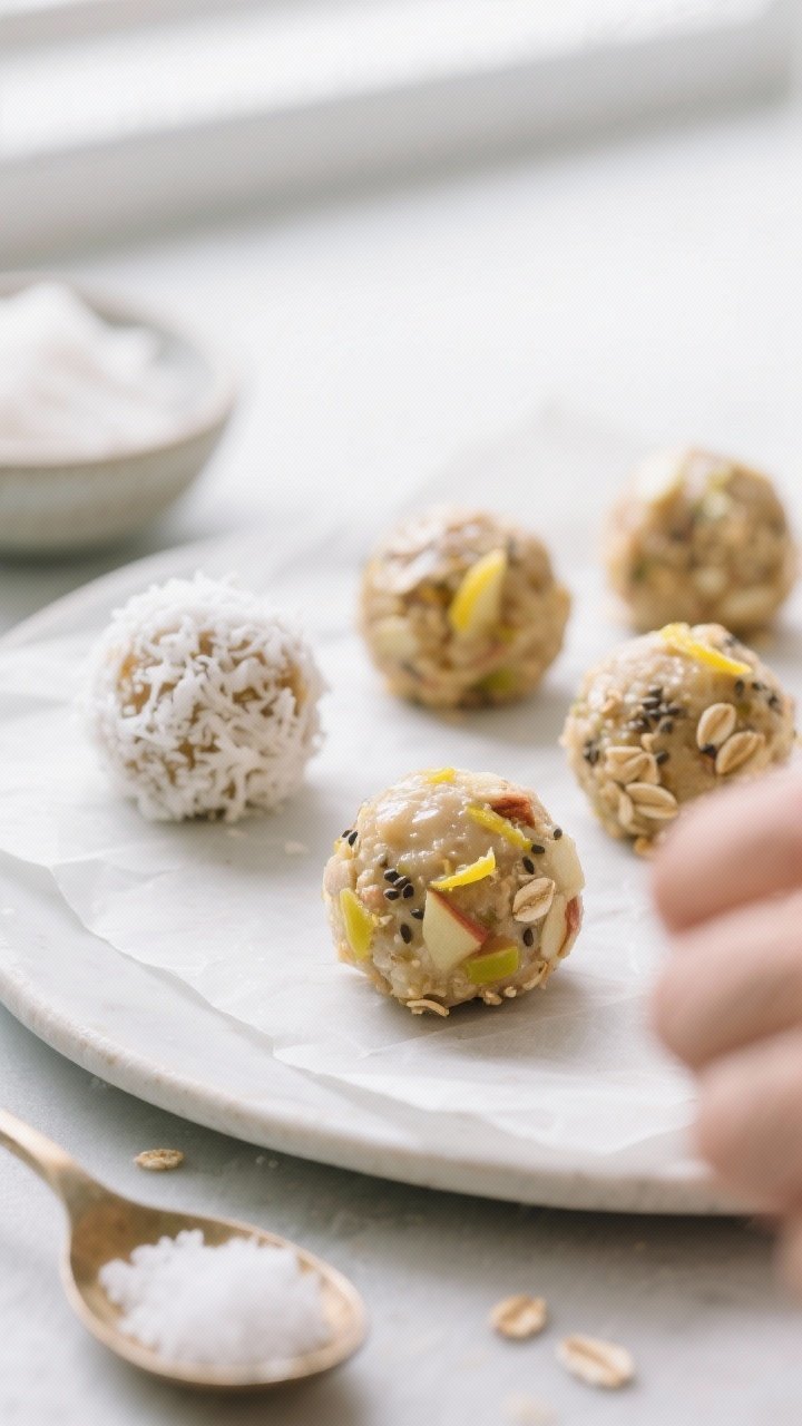 Close-up detail, process shot: Fresh Apple & Lemon Detox Snack Bites mixture being shaped on a parch