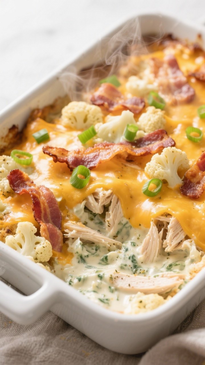 Close-up detail shot: A bubbling Low Carb Loaded Chicken Casserole just pulled from the oven, showin