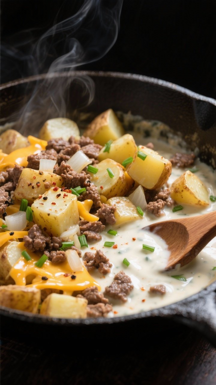 Close-up detail shot: A cast-iron skillet mid-cook showing tender 1/2-inch cubed Yukon gold potatoes