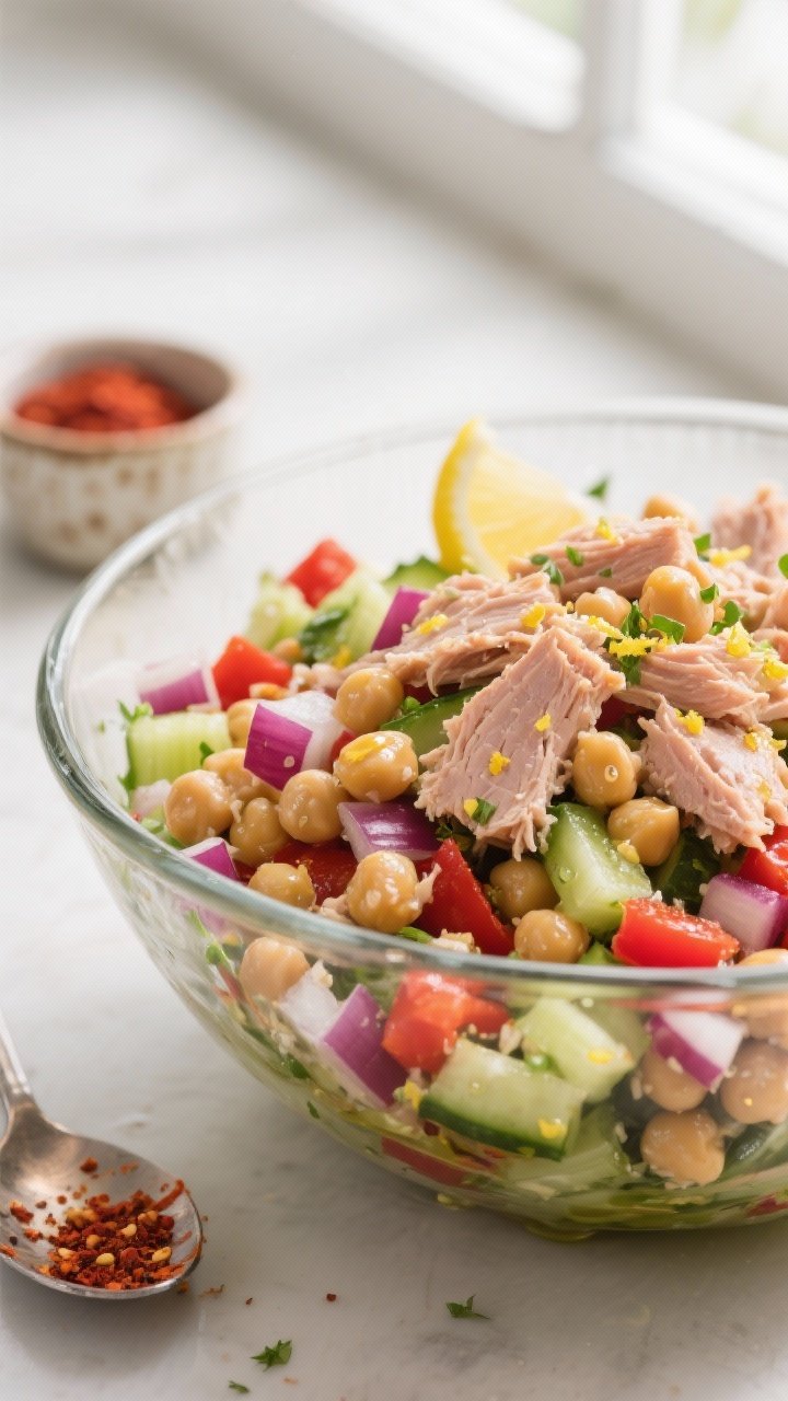 Close-up detail shot: A glossy, fully mixed Tuna & Chickpea Protein Salad in a wide glass mixing bow