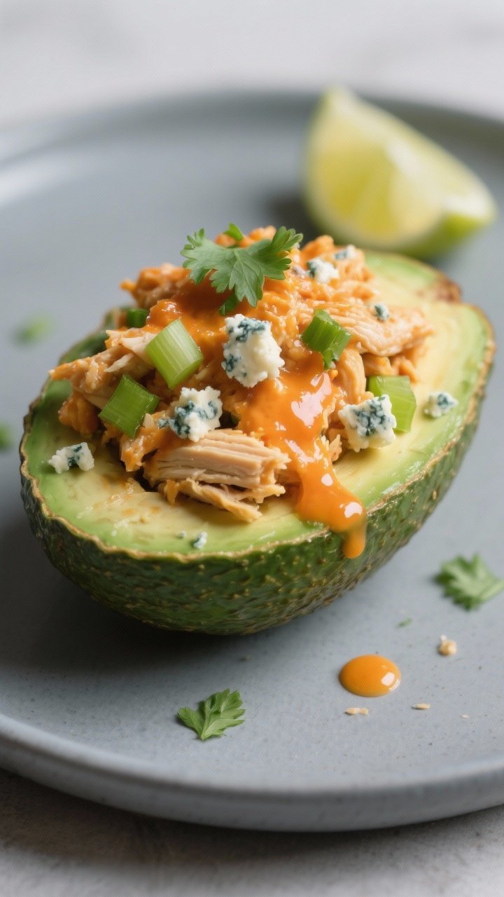 Close-up detail shot: A halved avocado freshly stuffed with buffalo ranch chicken mixture, mounded h