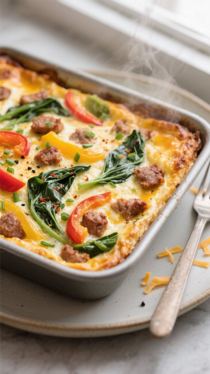 Close-up detail shot: A just-baked low carb breakfast casserole square lifted from the pan, edges li