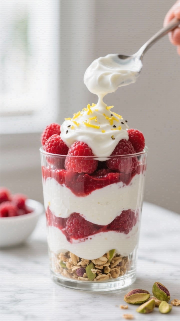 Close-up detail shot: A raspberry yogurt parfait mid-assembly in a clear parfait glass, showing neat