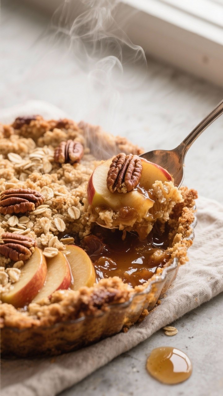 Close-up detail shot: A spoon digging into a freshly baked gluten-free apple crumble, revealing jamm