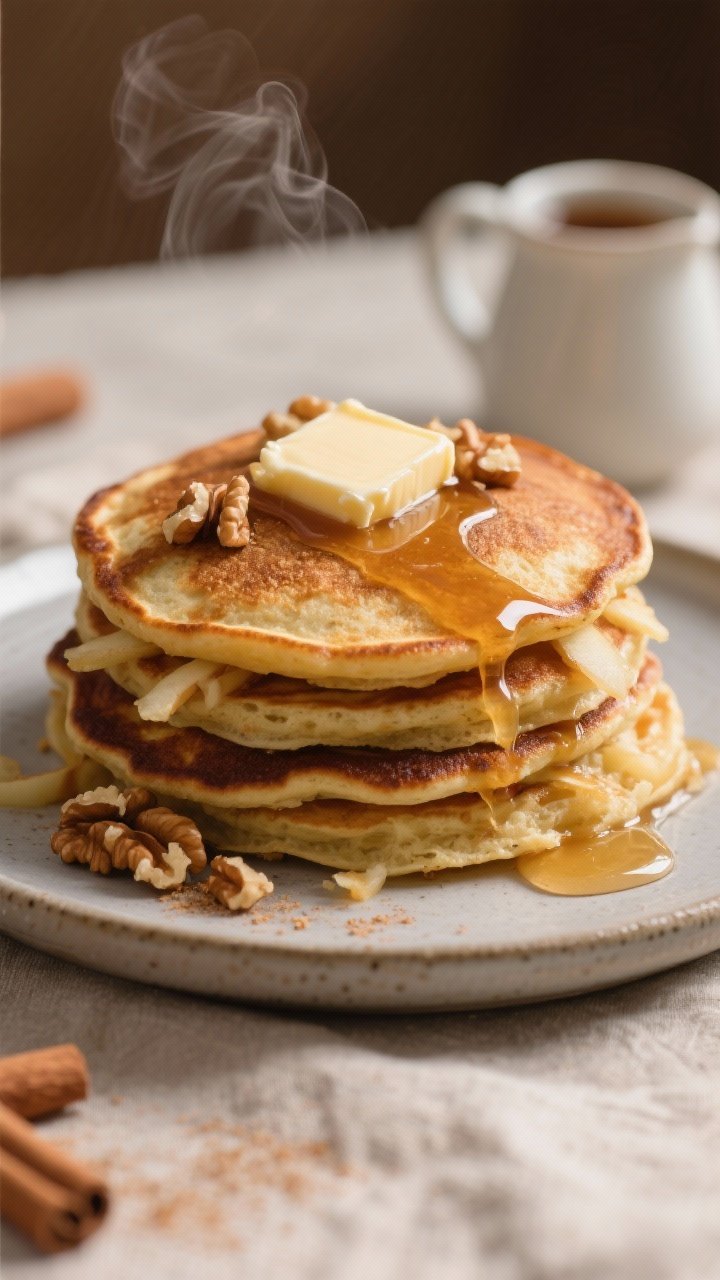 Close-up detail shot: A stack of vegan apple pancakes fresh off the griddle, golden-brown with crisp