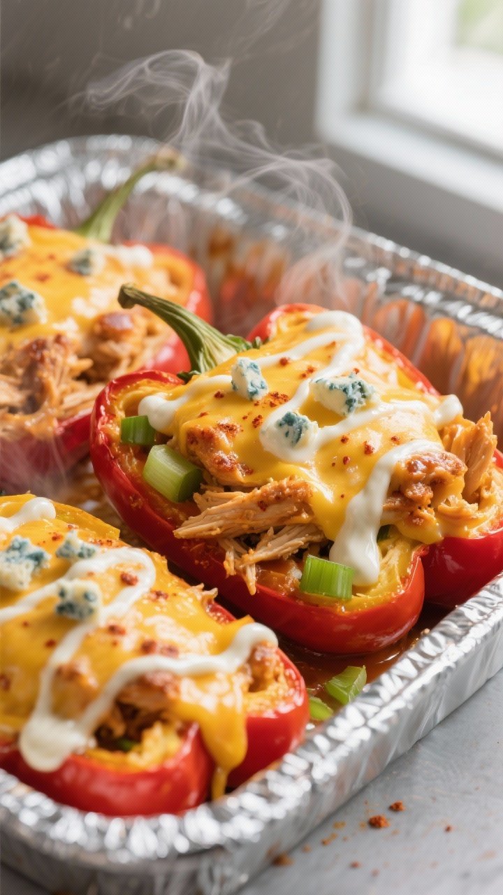 Close-up detail shot: Buffalo chicken stuffed peppers just out of the oven, cheese melted and bubbli
