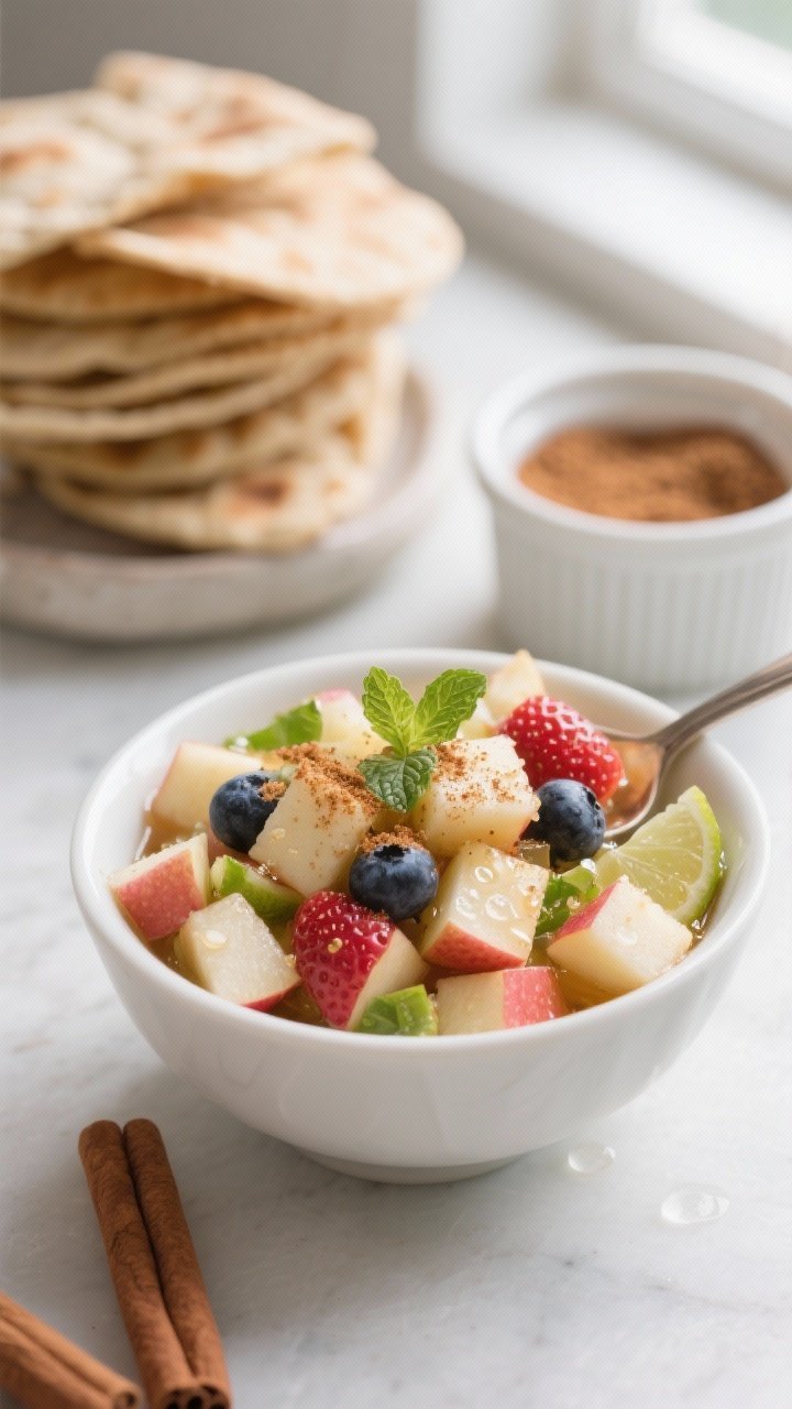 Close-up detail shot: Fresh apple salsa after brief rest, spooned into a small white ceramic bowl. P