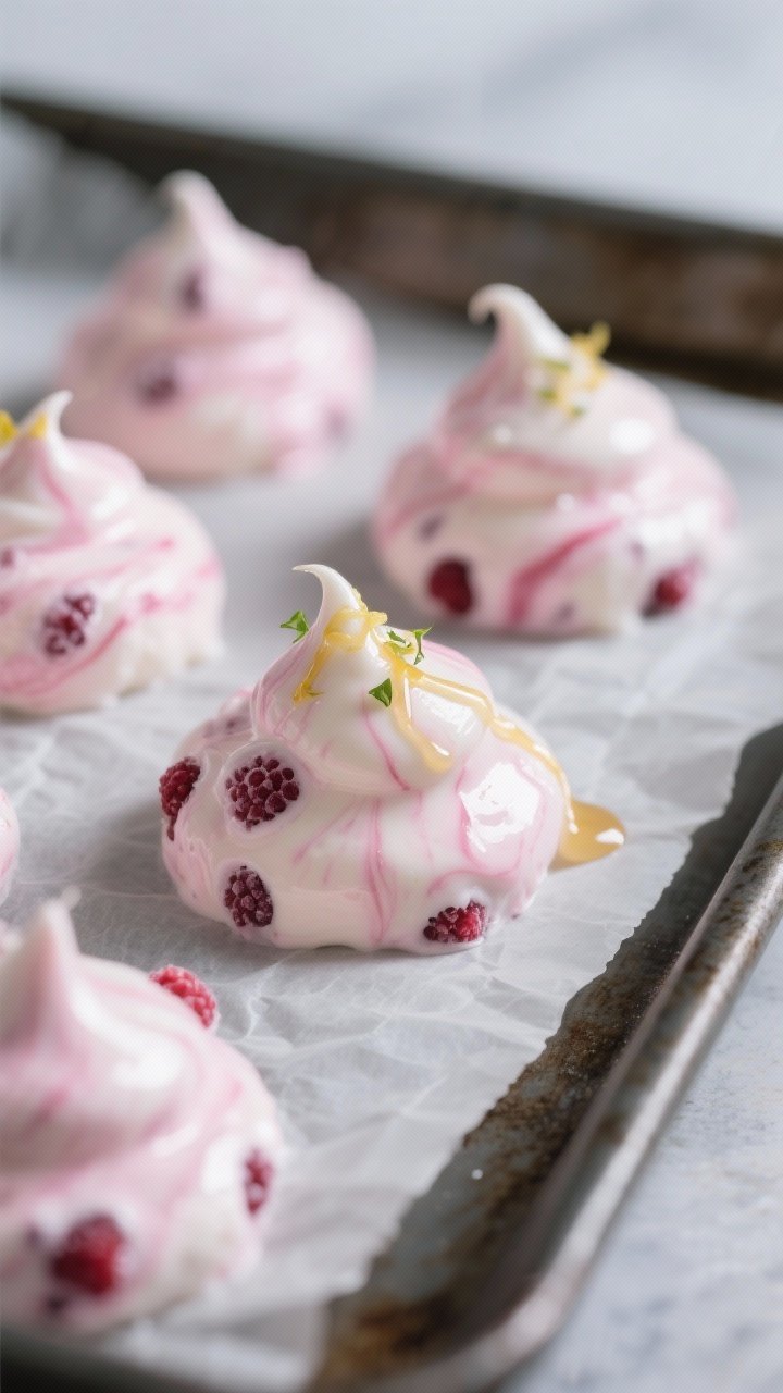 Close-up detail shot: Frozen raspberry yogurt drops just set on a parchment-lined sheet pan, showing