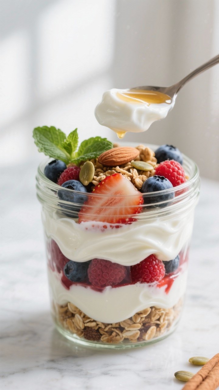 Close-up detail shot of a fully assembled Greek yogurt berry parfait mid-layering: a clear glass jar