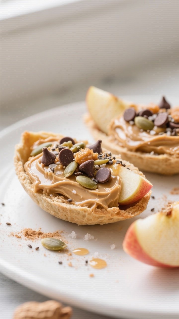 Close-up detail shot of assembled Apple & Peanut Butter Snack Boats: crisp Honeycrisp apple wedges c