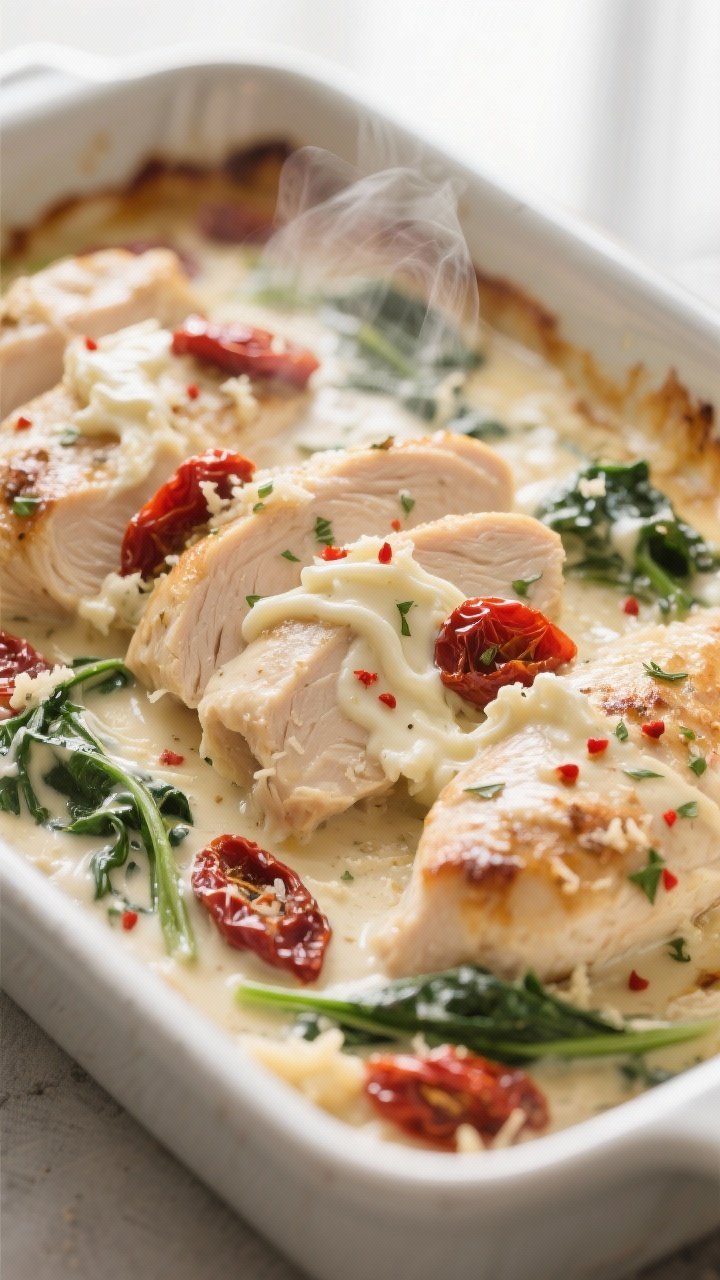 Close-up detail shot of creamy Tuscan chicken just after cooking in a 9x13 baking dish: tender, slic