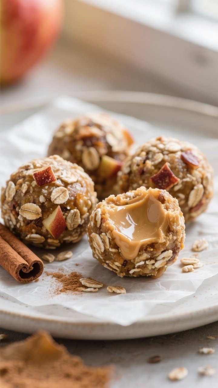 Close-up detail shot of finished Apple Cinnamon Energy Bites just after chilling: a cluster of 3–4