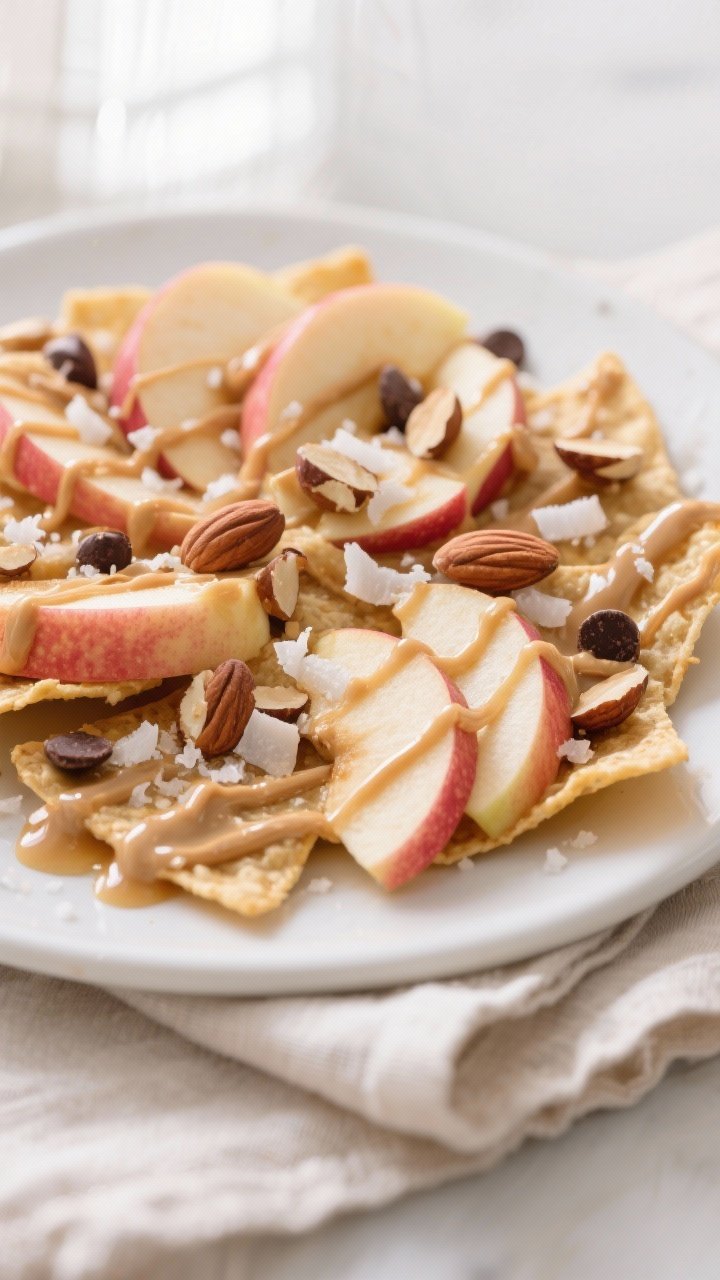 Close-up detail shot of freshly assembled apple nachos: thin, overlapping Honeycrisp and Pink Lady s