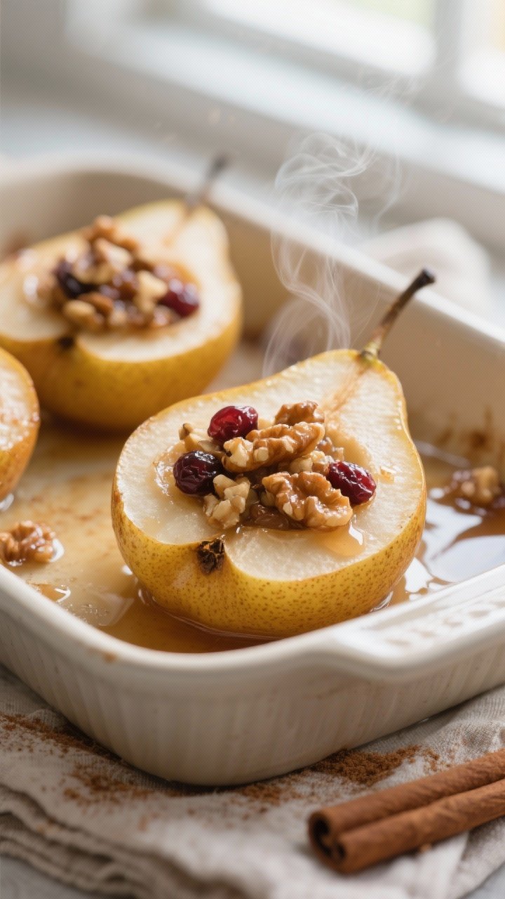Close-up detail shot of freshly baked apple-stuffed pear halves just out of the oven: golden, tender