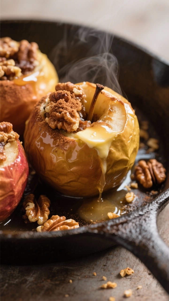 Close-up detail shot of freshly baked apples stuffed with walnut–brown sugar–cinnamon filling, b