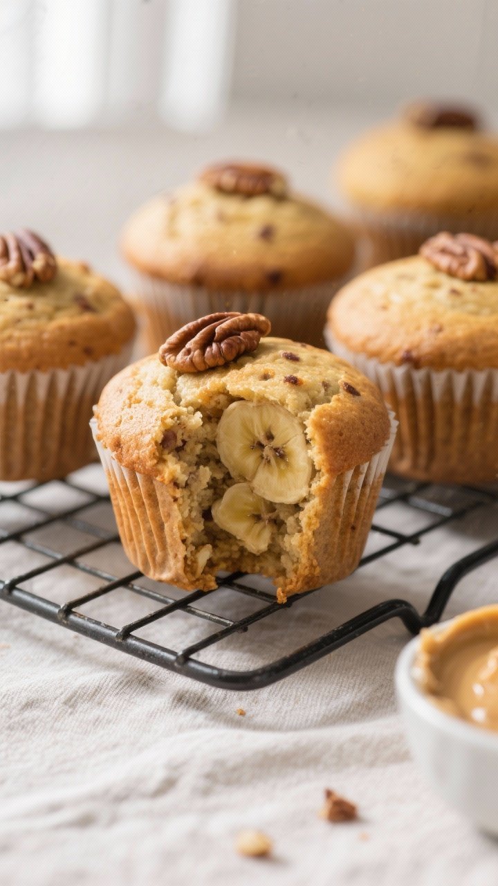 Close-up detail shot of freshly baked no-sugar-added banana muffins just out of the pan on a wire ra