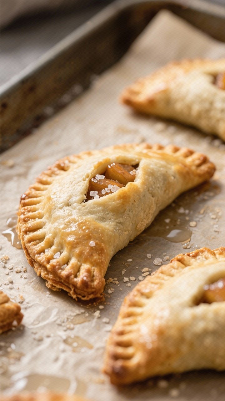 Close-up detail shot of freshly baked vegan apple turnovers just out of the oven on a parchment-line