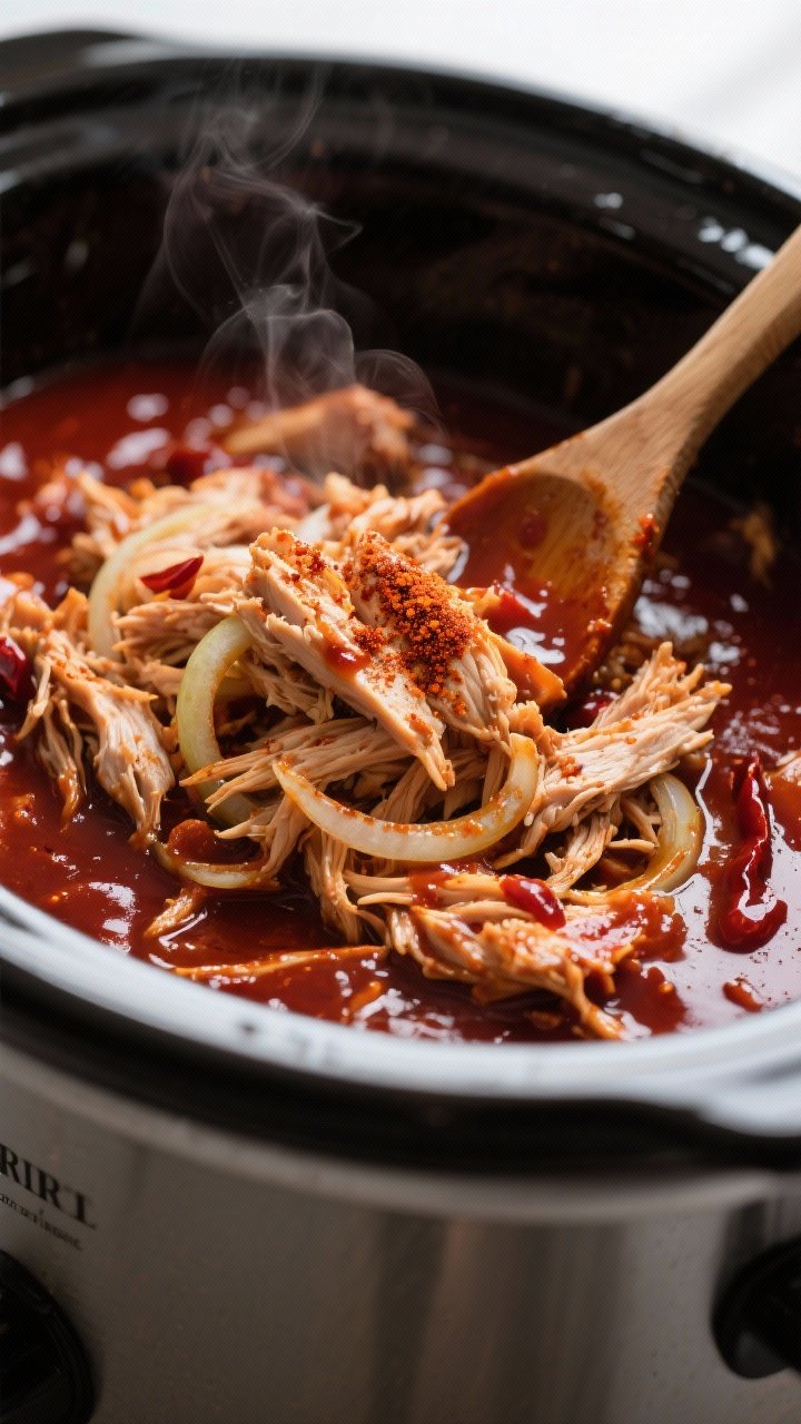 Close-up detail shot of freshly shredded BBQ pulled chicken just folded back into the slow cooker sa