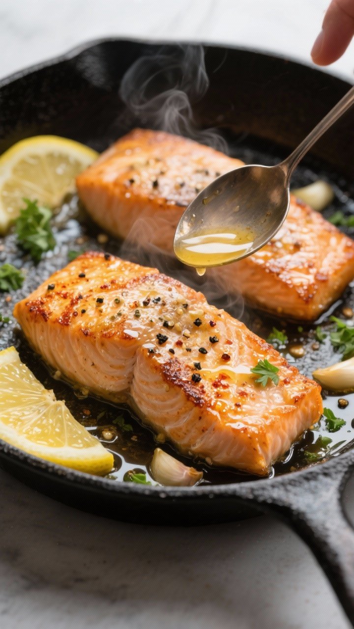 Close-up detail shot of pan-seared lemon pepper salmon fillets mid-cook in a black cast-iron skillet